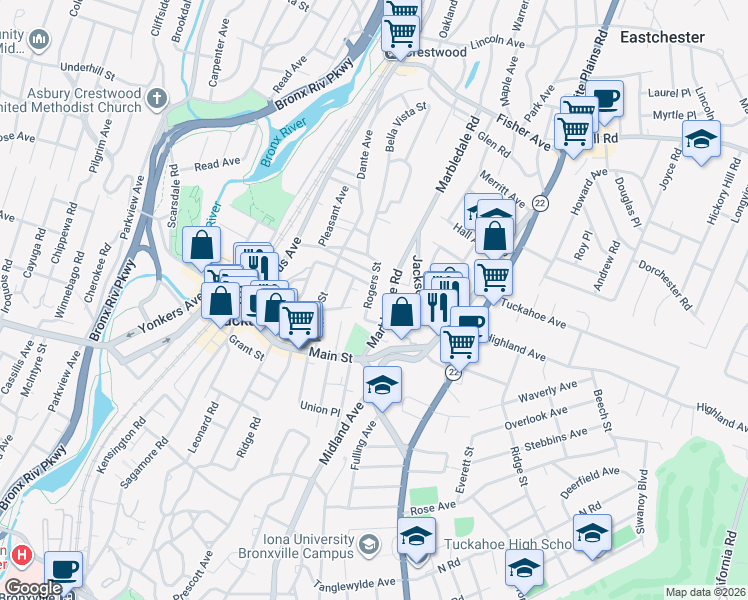 map of restaurants, bars, coffee shops, grocery stores, and more near 54 North High Street in Tuckahoe