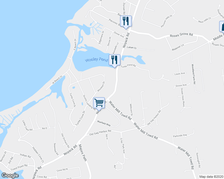 map of restaurants, bars, coffee shops, grocery stores, and more near 1031 Noyac Road in Southampton