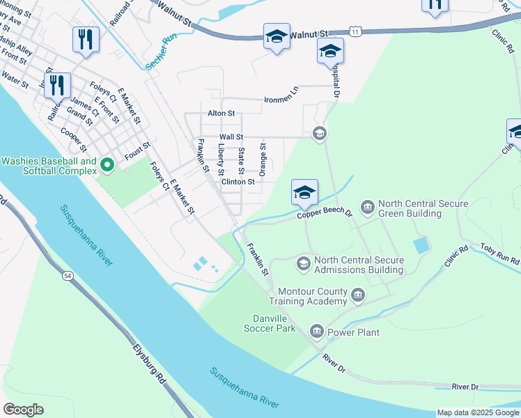 map of restaurants, bars, coffee shops, grocery stores, and more near 756 Dey Street in Danville