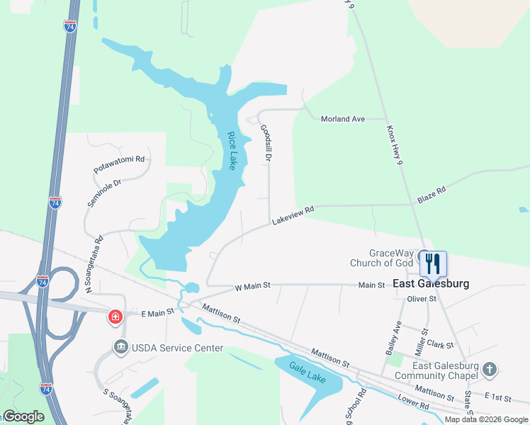 map of restaurants, bars, coffee shops, grocery stores, and more near 499 Goodsill Drive in East Galesburg