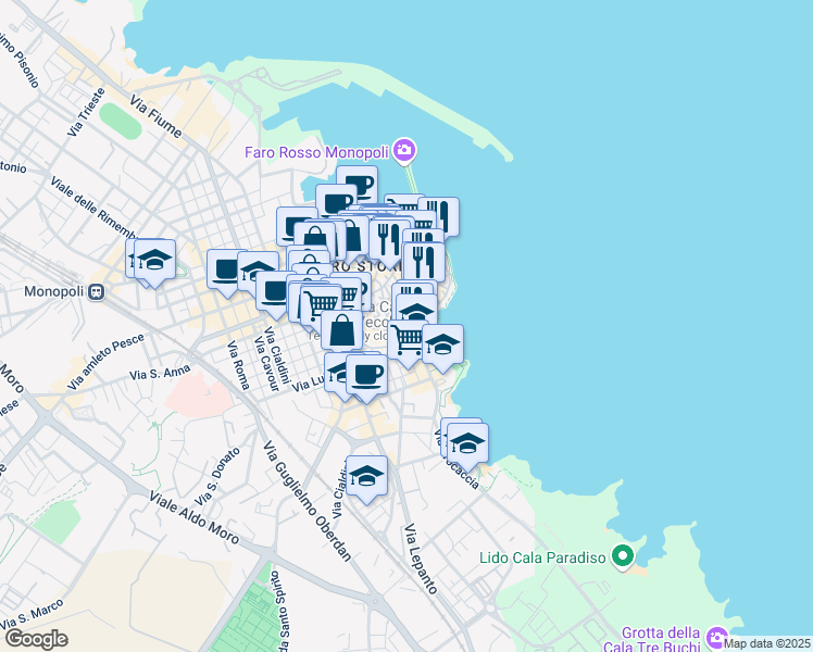 map of restaurants, bars, coffee shops, grocery stores, and more near 20 Largo Portavecchia in Monopoli