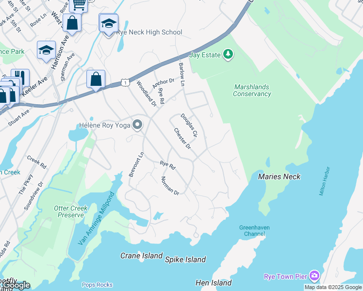 map of restaurants, bars, coffee shops, grocery stores, and more near 16 Chester Drive in Rye