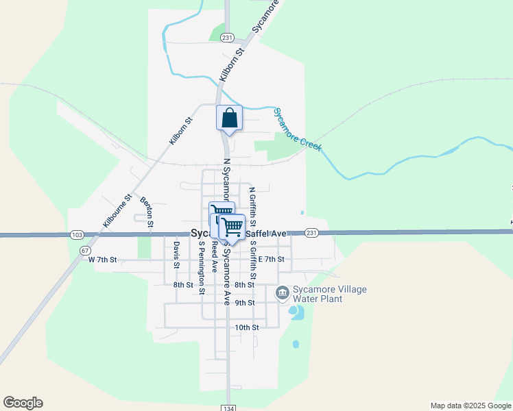 map of restaurants, bars, coffee shops, grocery stores, and more near 200 North Griffith Street in Sycamore