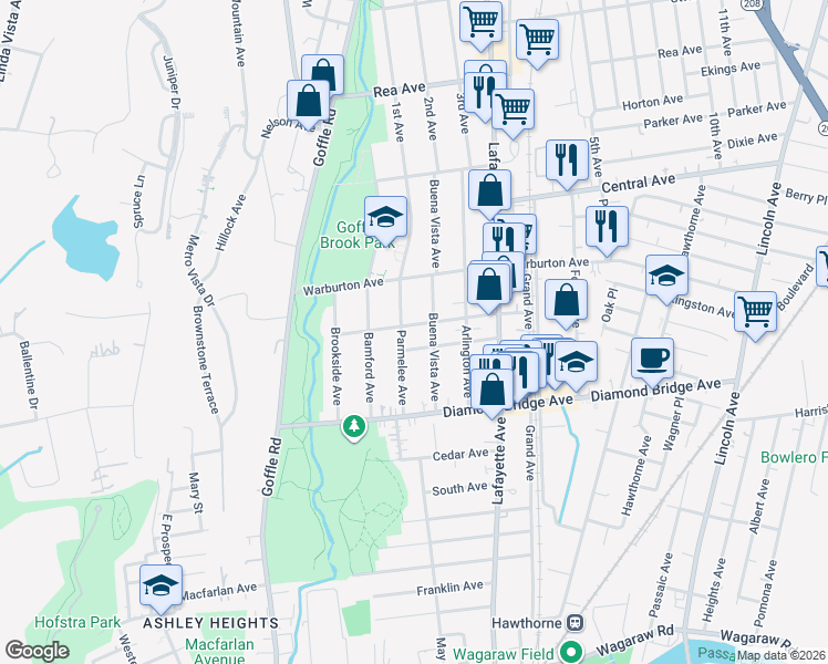 map of restaurants, bars, coffee shops, grocery stores, and more near 65 McKinley Avenue in Hawthorne