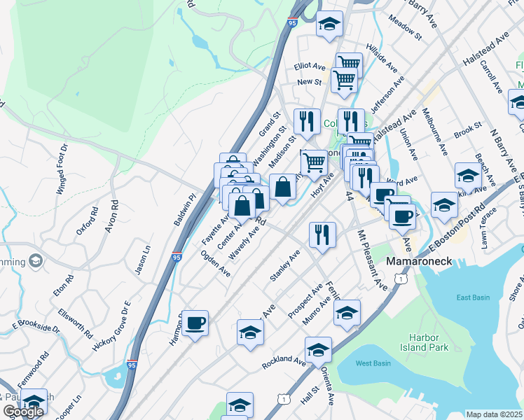 map of restaurants, bars, coffee shops, grocery stores, and more near 335 Center Avenue in Mamaroneck