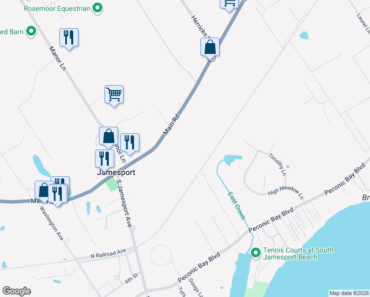 map of restaurants, bars, coffee shops, grocery stores, and more near 1709 Main Road in Laurel
