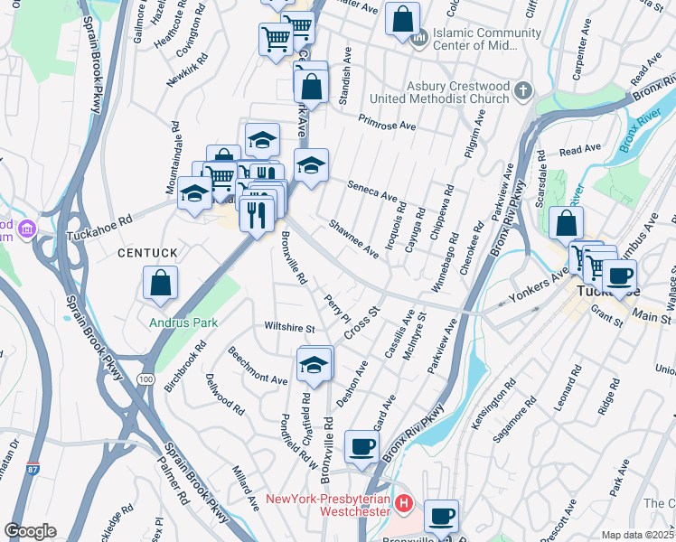 map of restaurants, bars, coffee shops, grocery stores, and more near 750 Tuckahoe Road in Yonkers