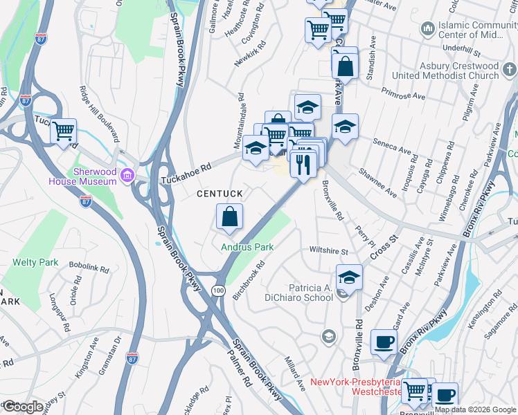 map of restaurants, bars, coffee shops, grocery stores, and more near 1511 Central Park Avenue in Yonkers