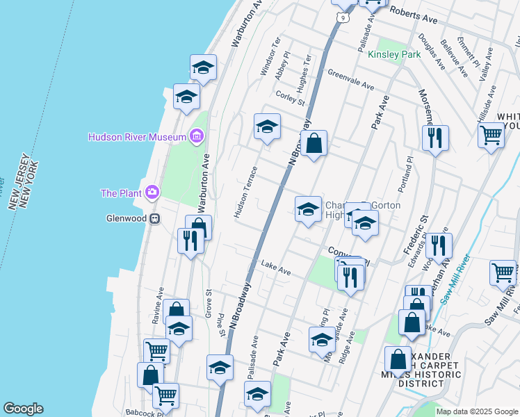 map of restaurants, bars, coffee shops, grocery stores, and more near 98 Hudson Terrace in Yonkers