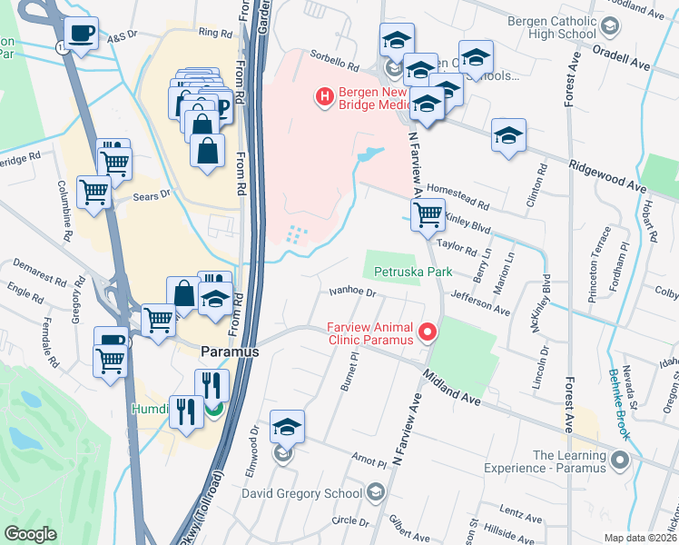 map of restaurants, bars, coffee shops, grocery stores, and more near 461 Arthur Terrace in Paramus