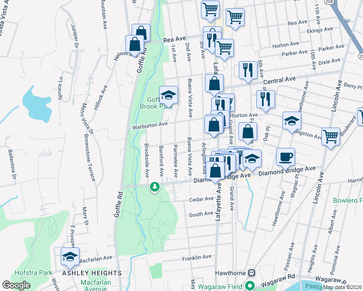 map of restaurants, bars, coffee shops, grocery stores, and more near 65 McKinley Avenue in Hawthorne