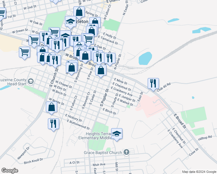 map of restaurants, bars, coffee shops, grocery stores, and more near 50 South Poplar Street in Hazleton