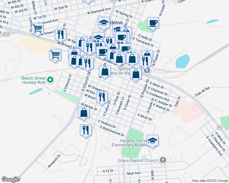map of restaurants, bars, coffee shops, grocery stores, and more near 4 East Walnut Street in Hazleton