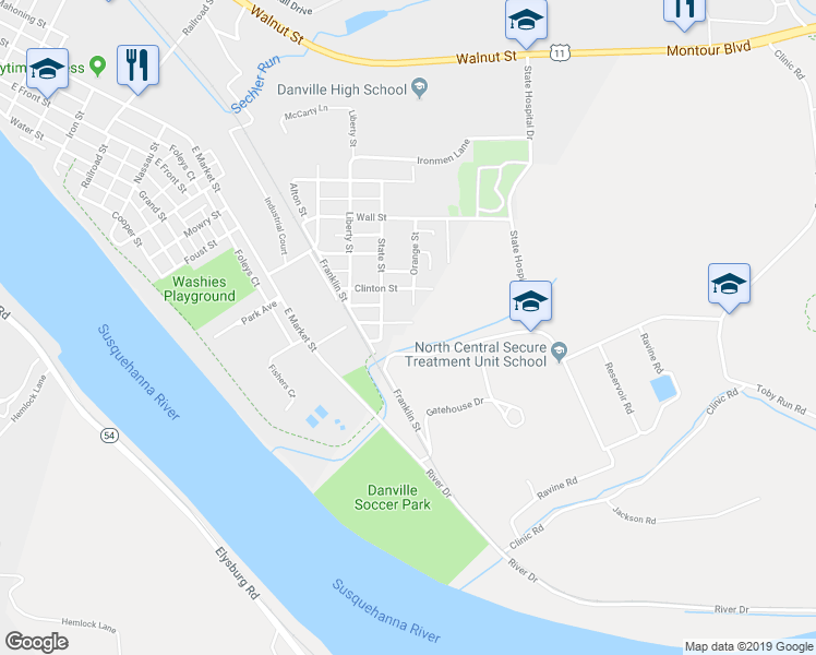map of restaurants, bars, coffee shops, grocery stores, and more near 756 Dey Street in Danville