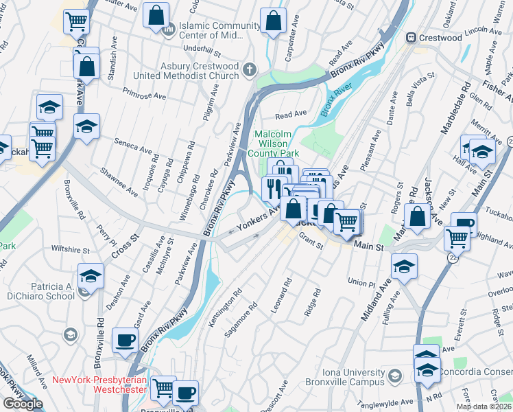 map of restaurants, bars, coffee shops, grocery stores, and more near 1 Elm Street in Tuckahoe