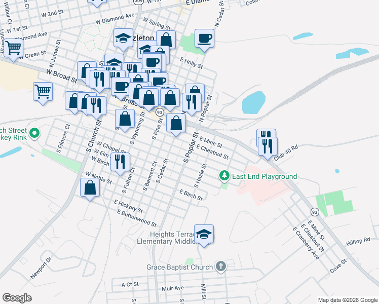 map of restaurants, bars, coffee shops, grocery stores, and more near 50 South Poplar Street in Hazleton