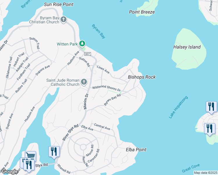 map of restaurants, bars, coffee shops, grocery stores, and more near Wildwood Shores Dr & Ridge Rd in Hopatcong