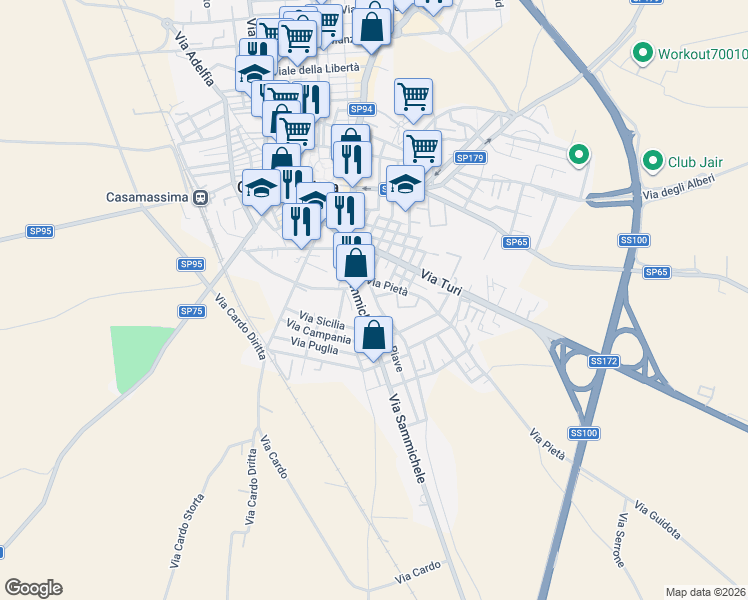 map of restaurants, bars, coffee shops, grocery stores, and more near 40 Via Pietà in Casamassima