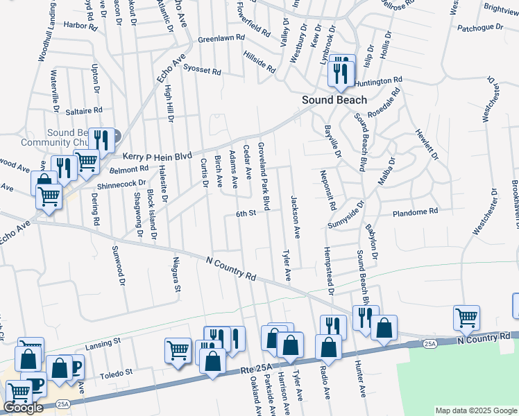 map of restaurants, bars, coffee shops, grocery stores, and more near 47 Groveland Park Boulevard in Sound Beach