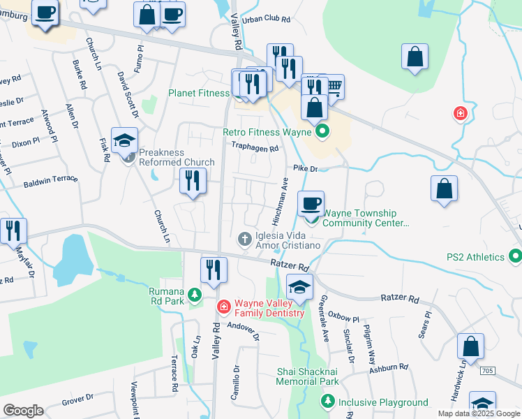map of restaurants, bars, coffee shops, grocery stores, and more near 22 Knox Terrace in Wayne