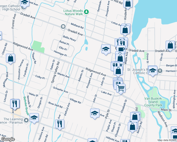 map of restaurants, bars, coffee shops, grocery stores, and more near 723 Ridgewood Avenue in Oradell