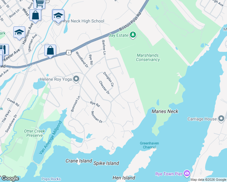 map of restaurants, bars, coffee shops, grocery stores, and more near 41 Barlow Lane in Rye