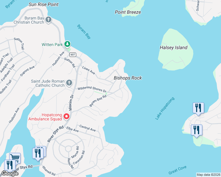 map of restaurants, bars, coffee shops, grocery stores, and more near 108 Bishop Rock Road in Hopatcong