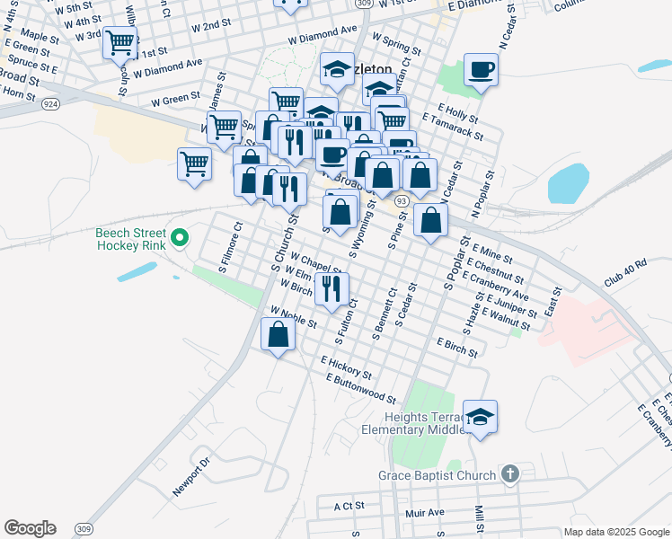 map of restaurants, bars, coffee shops, grocery stores, and more near 21 West Chapel Street in Hazleton