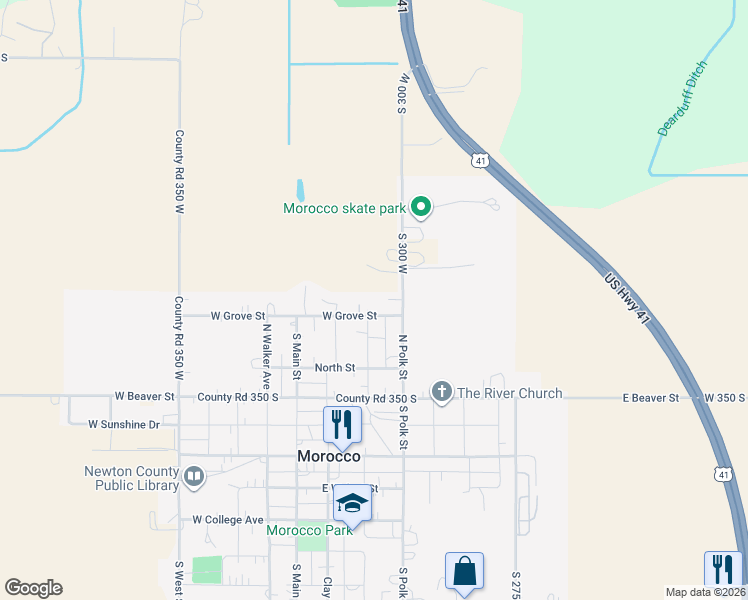 map of restaurants, bars, coffee shops, grocery stores, and more near 510 North Polk Street in Morocco