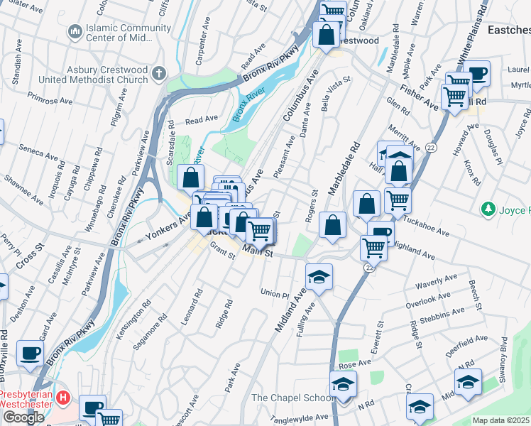 map of restaurants, bars, coffee shops, grocery stores, and more near 22 Pleasant Place in Tuckahoe