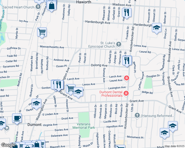 map of restaurants, bars, coffee shops, grocery stores, and more near 11 Beacon Street in Dumont