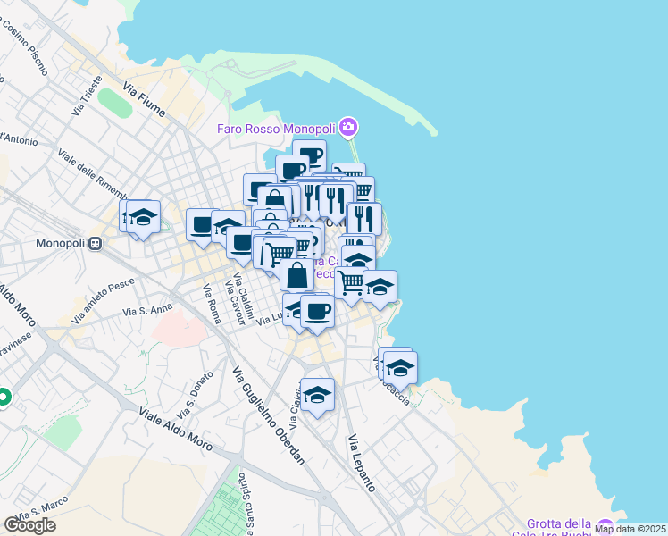 map of restaurants, bars, coffee shops, grocery stores, and more near 46 Via Barbacana in Monopoli