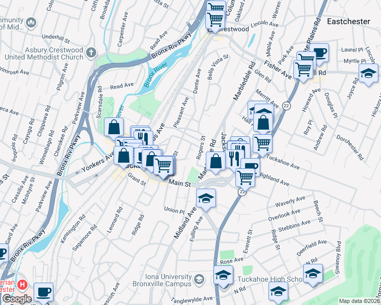 map of restaurants, bars, coffee shops, grocery stores, and more near 54 North High Street in Tuckahoe