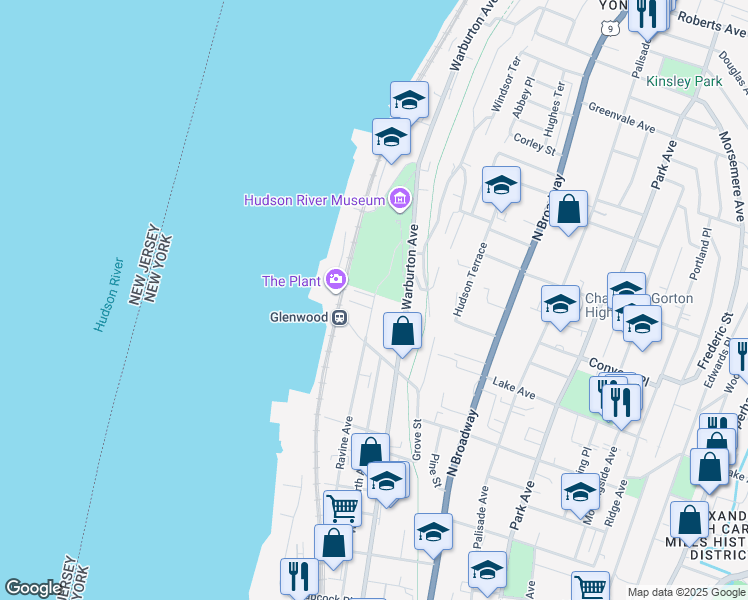 map of restaurants, bars, coffee shops, grocery stores, and more near 201 Ravine Avenue in Yonkers