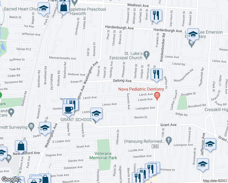 map of restaurants, bars, coffee shops, grocery stores, and more near 11 Beacon Street in Dumont