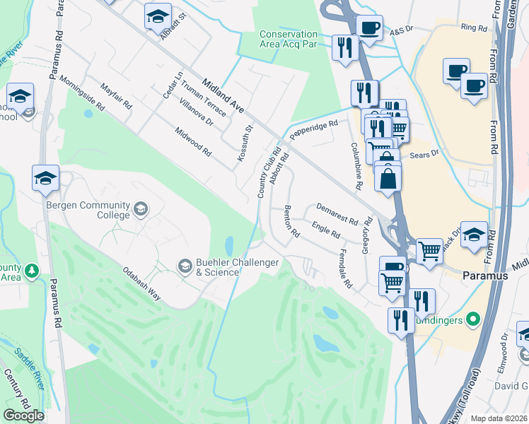 map of restaurants, bars, coffee shops, grocery stores, and more near 409 Abbott Road in Paramus