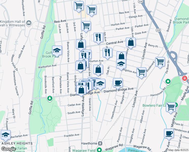 map of restaurants, bars, coffee shops, grocery stores, and more near 3 McKinley Avenue in Hawthorne