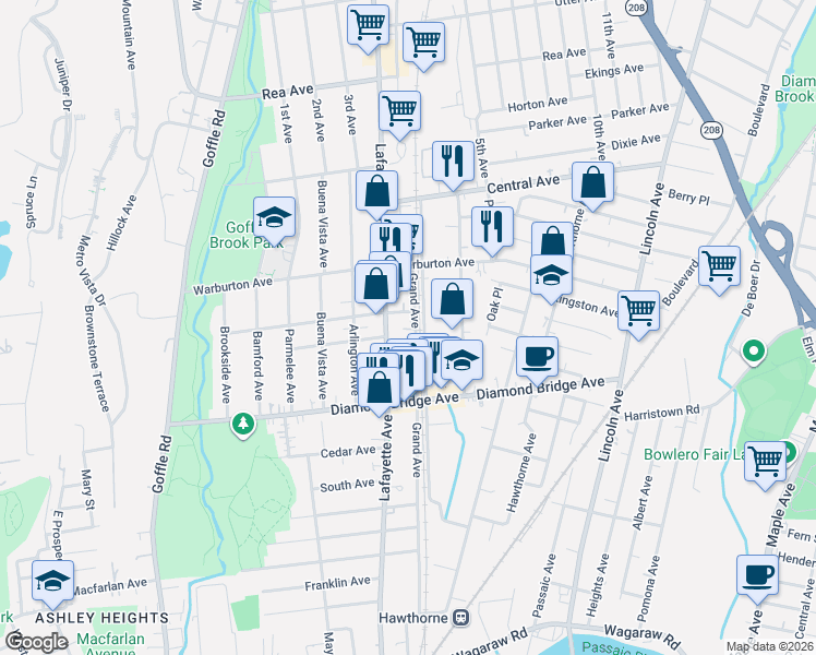 map of restaurants, bars, coffee shops, grocery stores, and more near 3 McKinley Avenue in Hawthorne