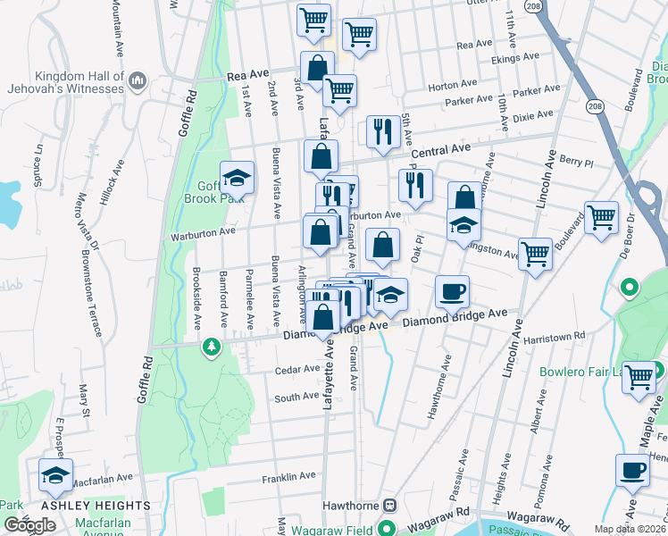 map of restaurants, bars, coffee shops, grocery stores, and more near 390 Lafayette Avenue in Hawthorne