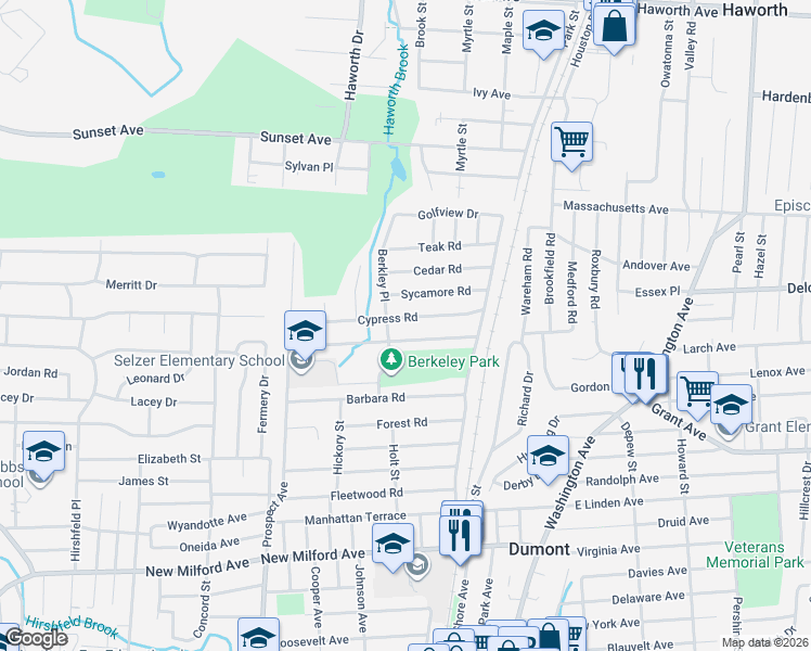 map of restaurants, bars, coffee shops, grocery stores, and more near 74 Cypress Road in Dumont