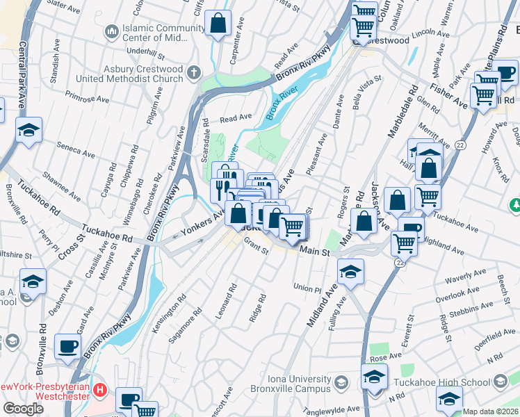 map of restaurants, bars, coffee shops, grocery stores, and more near 21 Columbus Avenue in Tuckahoe