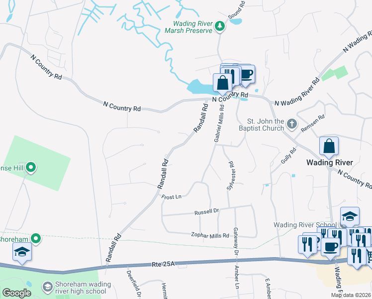 map of restaurants, bars, coffee shops, grocery stores, and more near 8 Randall Road in Wading River