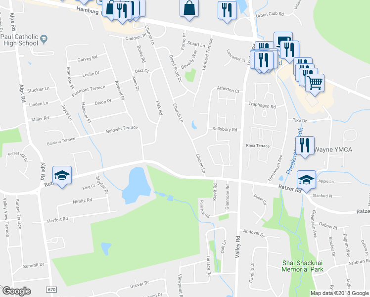 map of restaurants, bars, coffee shops, grocery stores, and more near 65 Church Lane in Wayne