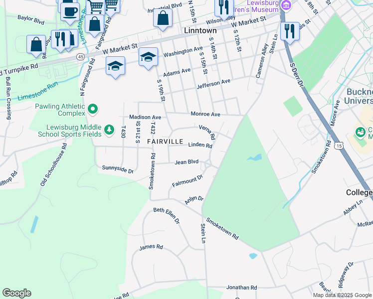 map of restaurants, bars, coffee shops, grocery stores, and more near 141 Linden Road in Lewisburg