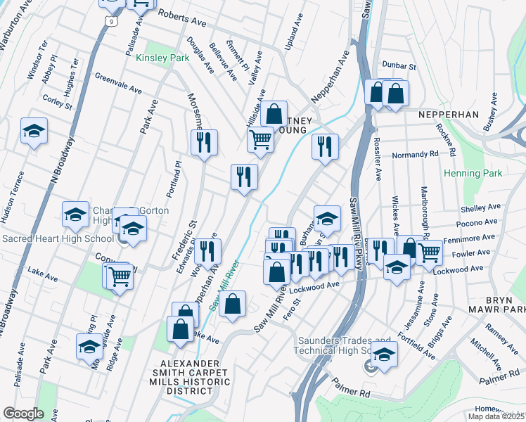 map of restaurants, bars, coffee shops, grocery stores, and more near 18 Torre Place in Yonkers