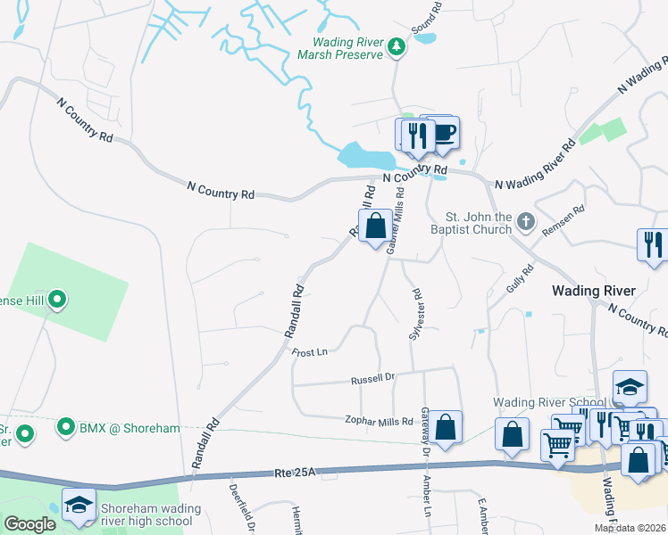 map of restaurants, bars, coffee shops, grocery stores, and more near 8 Randall Road in Wading River