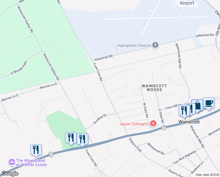 map of restaurants, bars, coffee shops, grocery stores, and more near 2 Debras Way in East Hampton