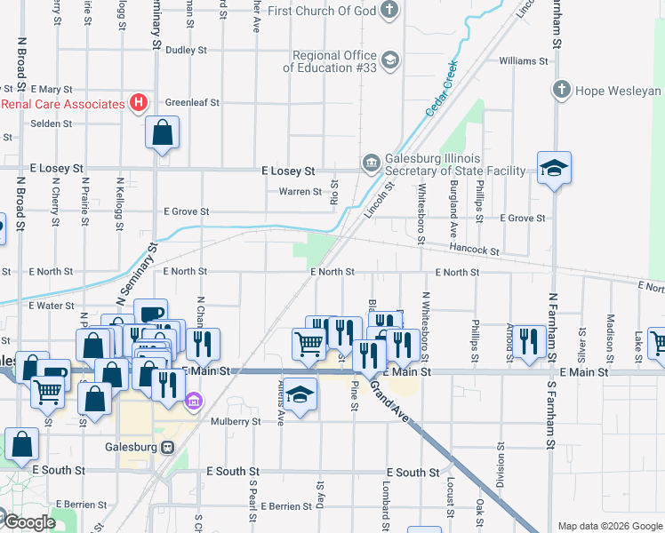 map of restaurants, bars, coffee shops, grocery stores, and more near 377 Lincoln Street in Galesburg