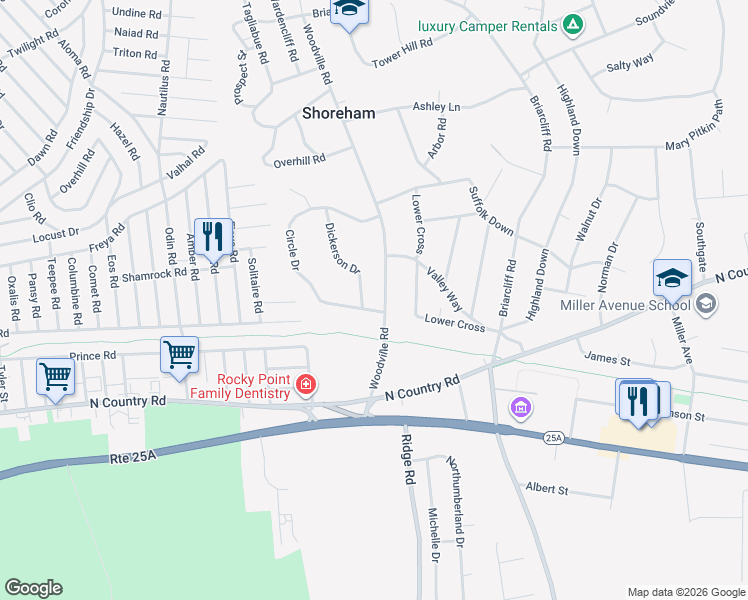 map of restaurants, bars, coffee shops, grocery stores, and more near 3 Dickerson Drive in Shoreham