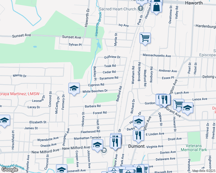 map of restaurants, bars, coffee shops, grocery stores, and more near 39 Cypress Rd in Dumont